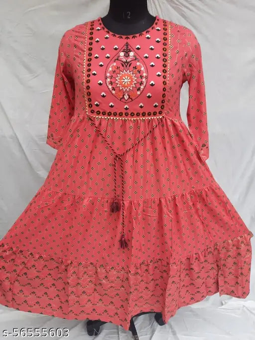 Pink rayon three-quarter sleeve kurti with embroidery, Indian handcrafted women's fashion