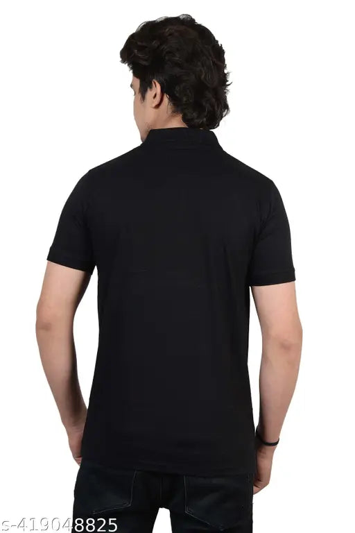 Black viscose rayon polo shirt, men's solid black polo neck, classic cotton blend and polyester blend, regular fit, half sleeve, casual wear, suitable for semi-formal events