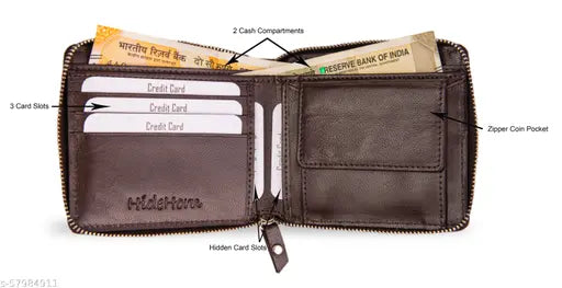 Brown leather bi-fold men's wallet, Hide Horn brand, RFID protected, red round zipper, 2 compartments, 9 card slots, gift packaging included