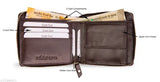 Brown leather bi-fold men's wallet, Hide Horn brand, RFID protected, red round zipper, 2 compartments, 9 card slots, gift packaging included