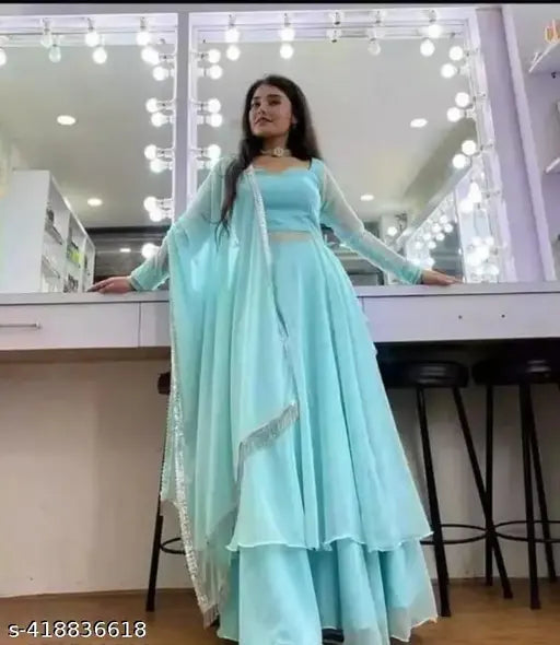 Women's georgette dress in blue with dupatta, fully stitched, full length for fashionable events