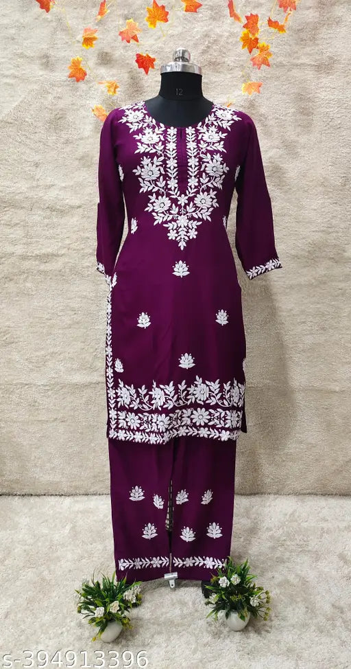 Designer slub rayon kurta and plazzo set, embroidered net chikankari work on rayon fabric, three-quarter sleeves, single to 6XL sizes available