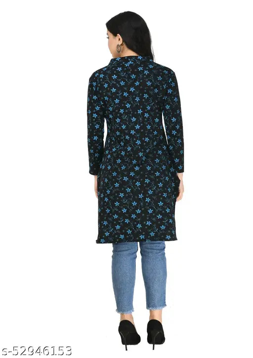 Navy blue woollen kurti, short sleeves, printed design
