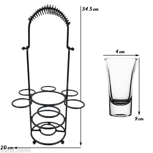 A metal rack with four levels and a clear glass measuring cup in front