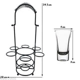 A metal rack with four levels and a clear glass measuring cup in front