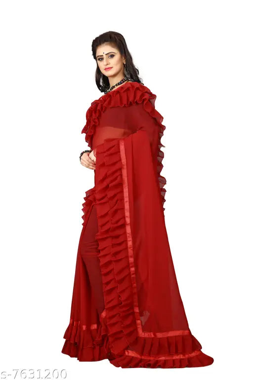 Red and white woven floral print georgette saree