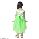 Green net hi-low dress for kids, embellished with toy balloon parrot design, perfect for parties and playwear