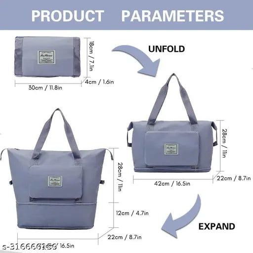 A large, light blue Oxford fabric folding duffle bag with a waterproof design, suitable for travel and various activities. The bag is displayed in an open state, showcasing its interior compartments. It has a capacity of at least 1500 ml, as suggested by the text. Measurements: length approximately 37 cm, width around 26 cm, and height of about 49 cm. The bag features multiple pockets for organizing items