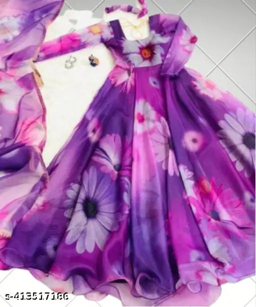 Purple Color Printed Flower Women Gowns Party Wear