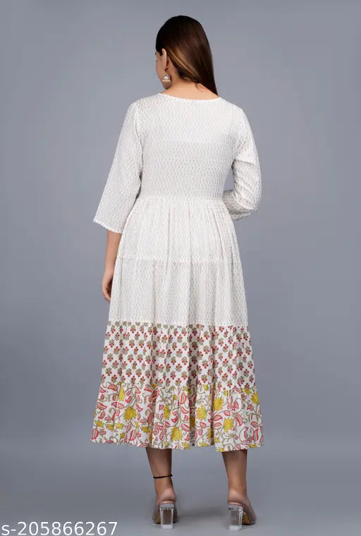 Rayon three-quarter sleeve printed Anarkali Kurta, Dhanvika women's fashion for functions and weddings, Indian design with soft finish and elegant style