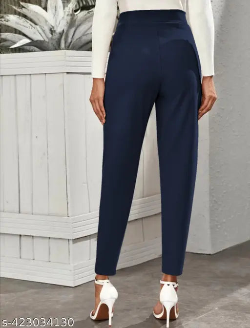 Navy blue polyester blend casual trousers, mid-waist, narrow fit, two side pockets
