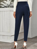 Navy blue polyester blend casual trousers, mid-waist, narrow fit, two side pockets