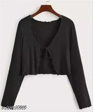 Stylish Lycra front tie full sleeves shrug for women and girls in solid net, easy to wear, perfect gift or fashion accessory