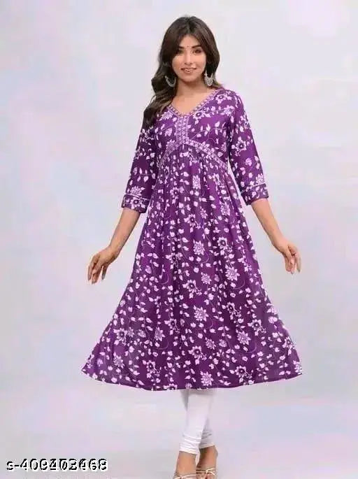 Purple long-sleeve kurta with traditional hem, woman model