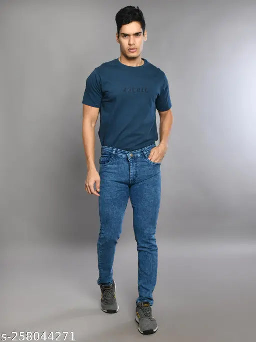 Denim dyed/washed men's jeans from L,Zard, offering regular fit and comfort in multiple sizes (28-42), crafted from cotton. India-made fashionable mid rise jean for men on display