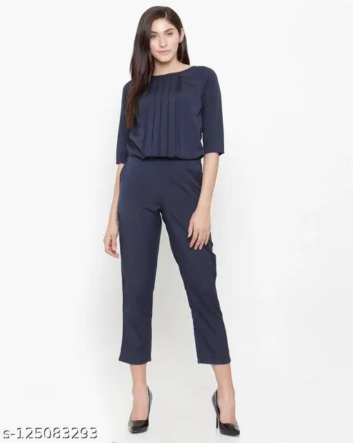 Blue crepe women's jumpsuit, solid blue, three-quarter sleeves, box pleats, elastic waist, pockets, India