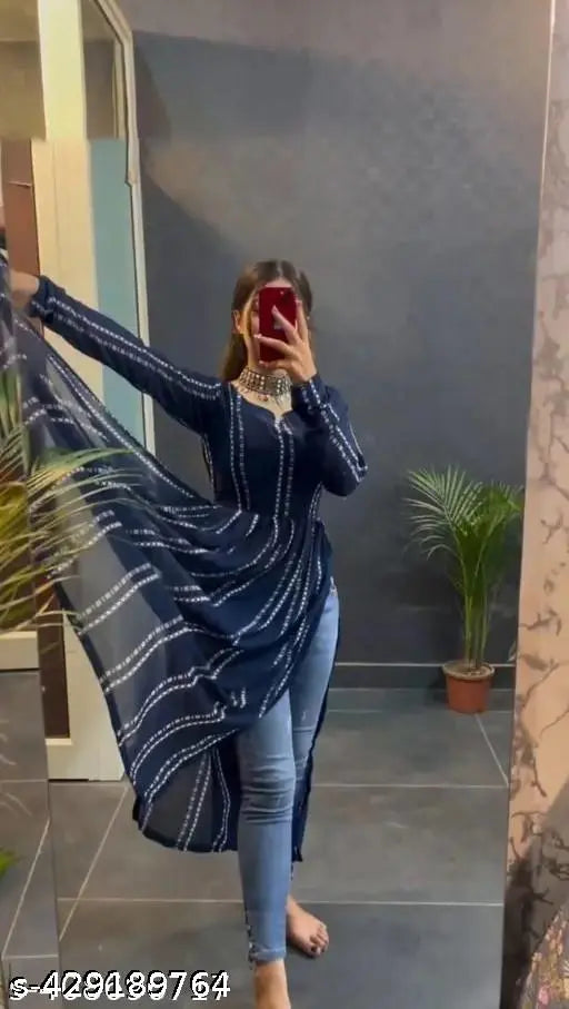 Naira Cut Kurti with Blue Floral Print on a Hanger