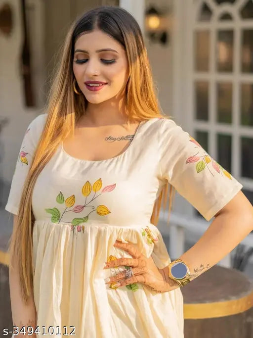 Tan kameez with floral anarkali print and embroidery detail