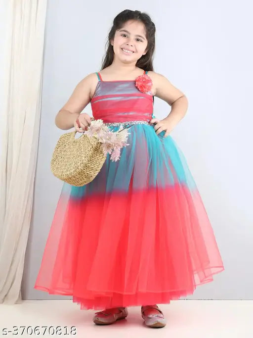 Coral double-shaded net party dress for girls aged 1-10, India-made toy balloon theme