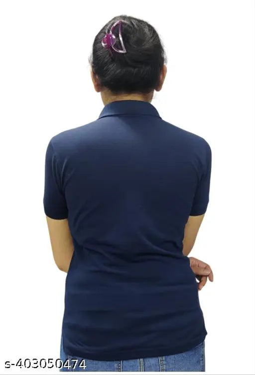 Navy blue limited style collar t-shirts for women & girls - cotton, short sleeves, solid navy blue, premium quality