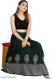 Green rayon printed net Western skirt for women, Jaipuri gold printed long full-length style with kurti occasion wear. Hand and machine washable, free size (waist 38-40in, length 40in). Made in India