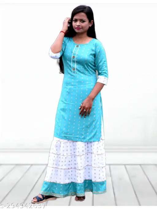 Embellished cotton blend kurta set for girls, trendy straight top with skirt in 7-14 years sizes. Indian fashion for kids, no dupatta