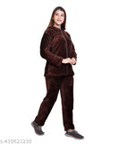 Soft & breathable wool zipper nightsuit for women and girls in winter, featuring full sleeves and comfortable fit