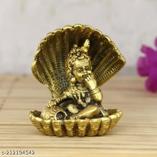 Golden Bal Gopal Krishna Aluminium Showpiece, intricately decorated with a 9 cm Makhan motif, ideal for home decor or gifting