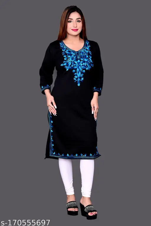 Straight-embroidered woolen kurti with fleece lining for women
