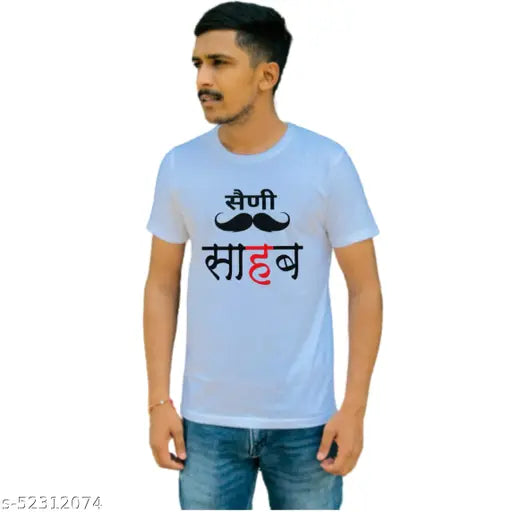 Stylish polyester short-sleeve printed men's T-shirt, available in M, L, XL, XXL. Indian made Saini t-shirt on hanger