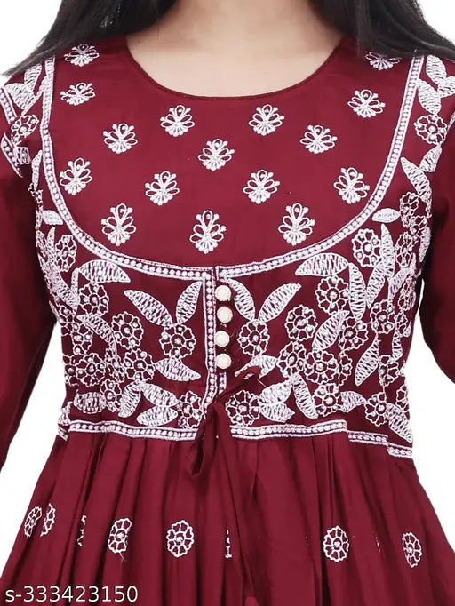 Rayon embroidered net gown kurta for women, three-quarter sleeves, Indian design, XL (40in bust, 38in waist, 58in hip, 15in shoulder) or XXL (42in bust, 40in waist, 60in hip, 16in shoulder), perfect for events and occasions