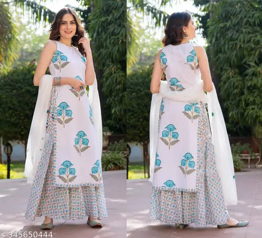 Cotton sleeveless kurti sharara set with dupatta, printed design on cotton blend fabric - Indian traditional women's outfit for sizes XXS to XXL