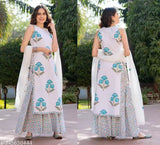 Cotton sleeveless kurti sharara set with dupatta, printed design on cotton blend fabric - Indian traditional women's outfit for sizes XXS to XXL