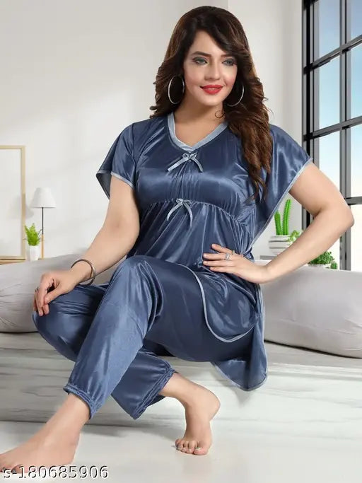 Grey satin kaftan night suit pyjama set by Color Magic, premium soft fabric with elastic for adjustable fit