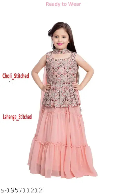 Kids Girls Stitched Lehenga Choli with Dupatta Set, Georgette fabric, embroidered pattern, multiple sizes available for festivals, parties, weddings, celebrations, Indian occasion wear. Product color may vary slightly from image. Made in India