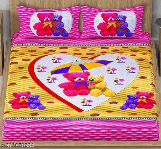 100 Cotton Bedsheet with Cartoon Bears, Pink & Yellow, 2 Pillow Covers