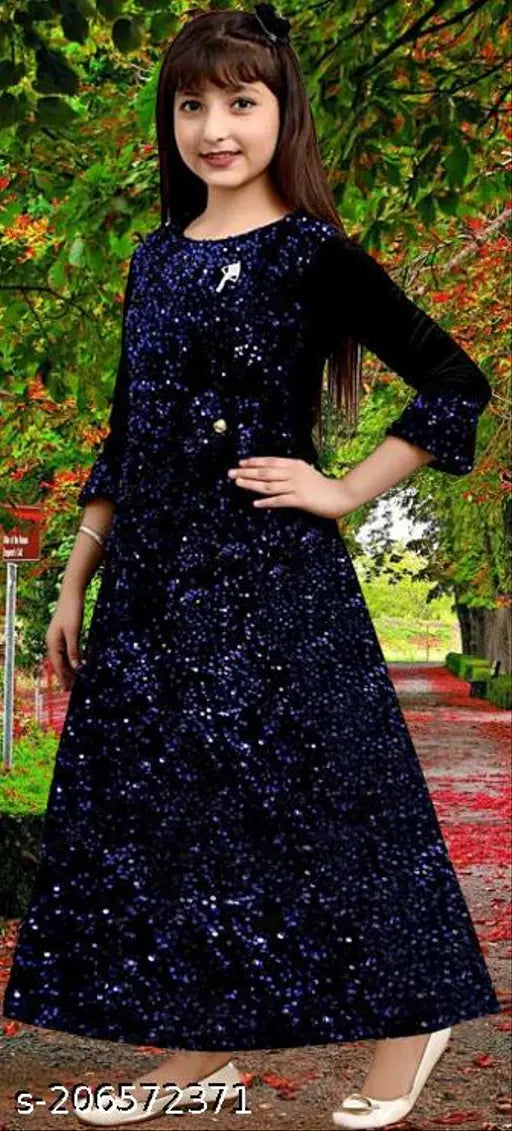 Embellished net blue velvet baby gown, three-quarter sleeves, high-quality fabric for adorable girls aged 4-5 years. Made in India