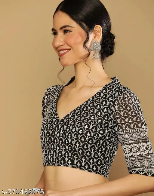 Red Juniper Elegance women's saree, black embellished blouse