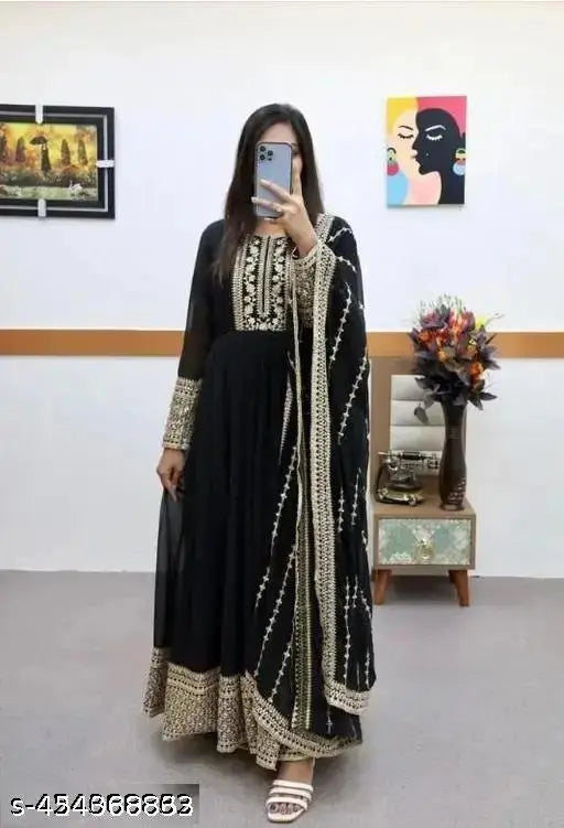 Georgette anarkali gown duppata full set, ready-to-wear Indian wedding dress in solid color