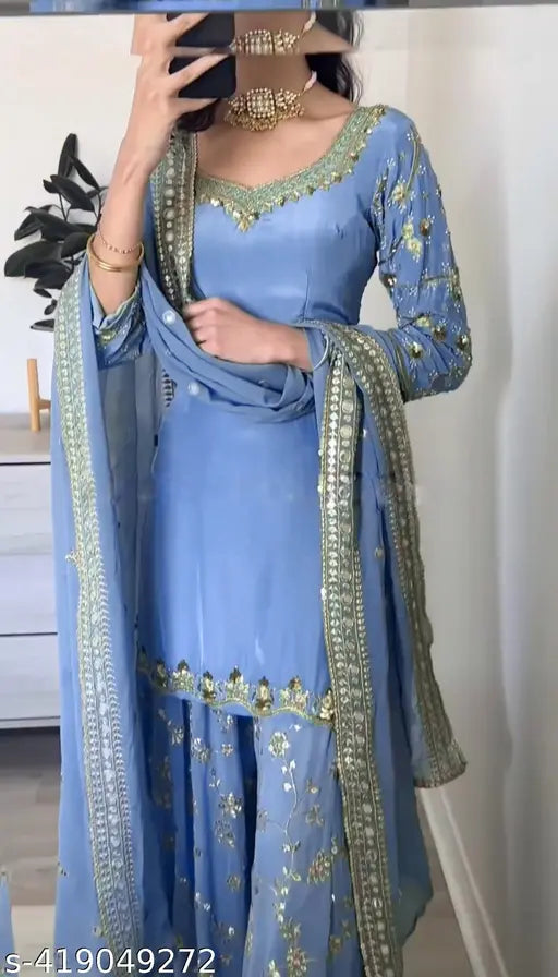 Blue georgette faux sari with embroidery and sequence work, floor length