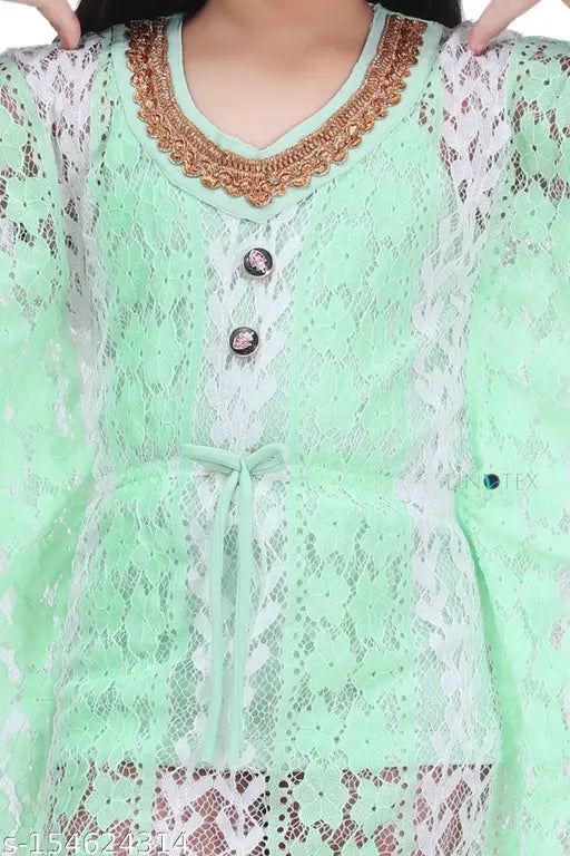 Teal linen frock, chiffon sleeves and bow at waist