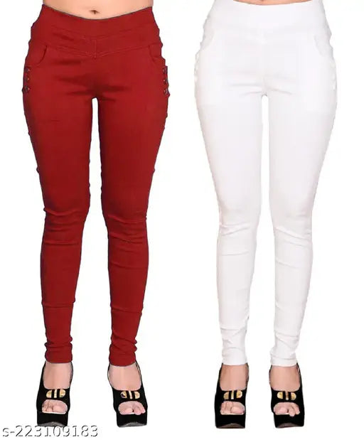 Maroon and white stretchable Lycra jeggings for women (pack of 2pc), made from cotton blend fabric. Comfortable fit with pockets on both sides, perfect for trendy outfits. Sizes available: 28, 30, 32, 34, 36. Made in India
