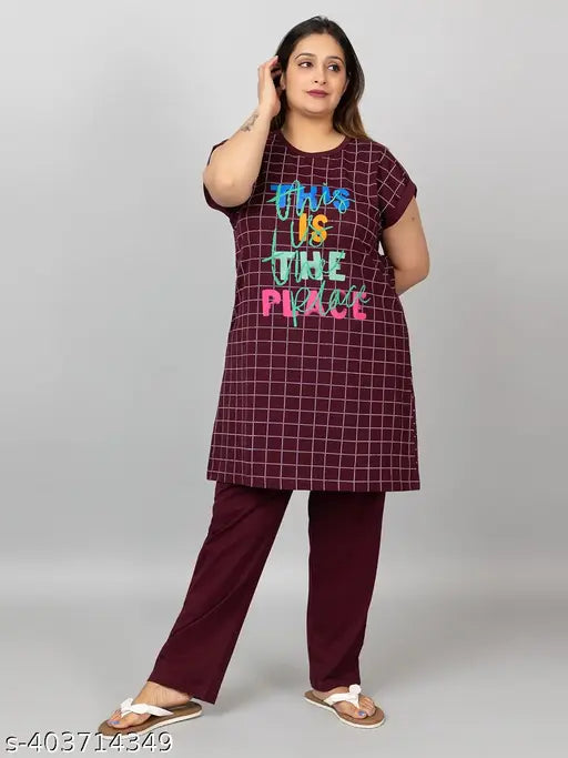 Kepa cotton plus size long t-shirt pyjama set for women, soft 100% pure cotton night suit in printed design