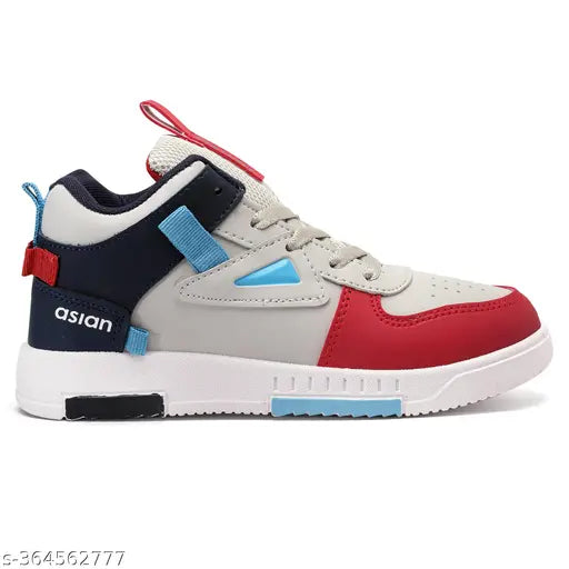 The image features a pair of sneakers in red and navy blue, with white accents. They appear to be designed for kids, featuring a high-top design. The sneakers are laced up and have a sturdy look
