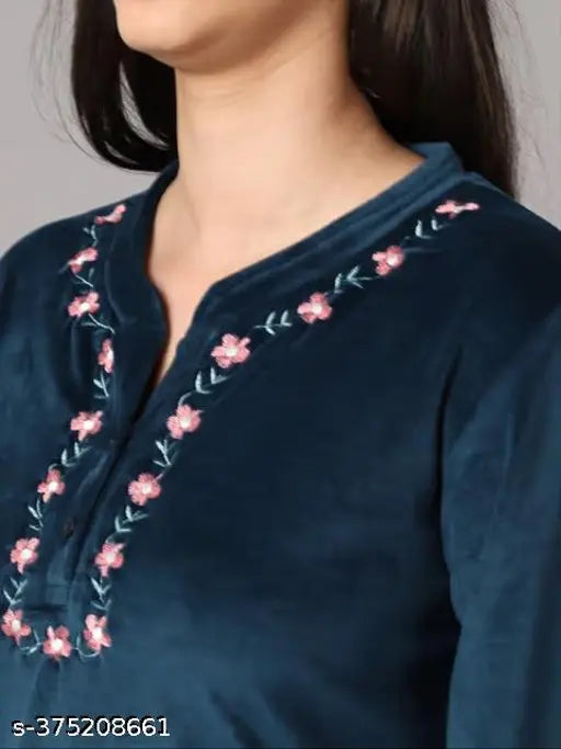 Velvet embroidery night suit/coord set, warm-toned velvet pyjamas with high-low V neck tunic and pants for women, ideal winter sleepwear and casual outings