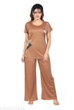 Brown summer special side-pocket plazo top & pyjama coord set, trendy printed satin fabric, vibrant color, casual outings, short sleeves, comfortable nightwear