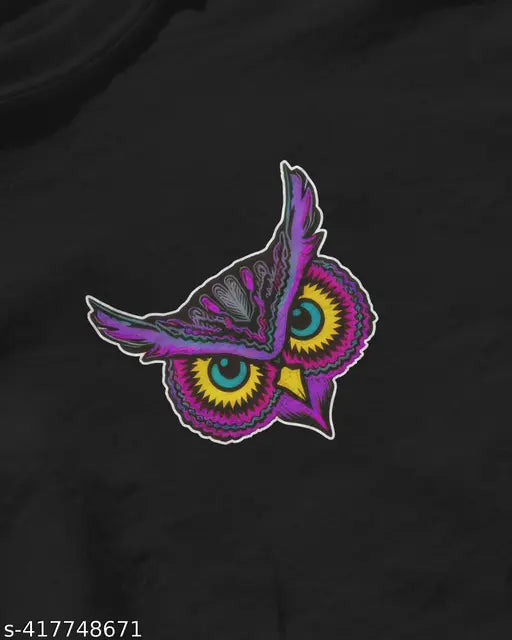 Black cotton t-shirt for men and boys, owl print front and back, premium quality