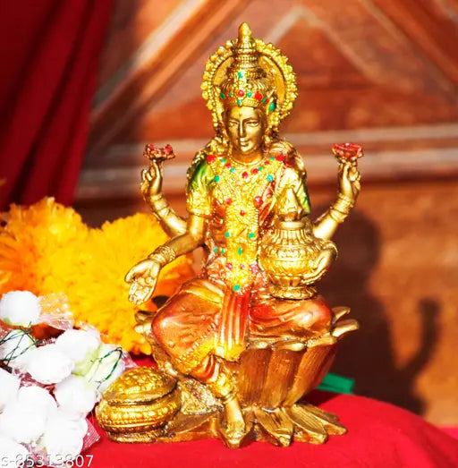 Gold Resin Lakshmi Statue for Diwali decorations, Maa Laxmi Ji's Murti, attractive wealth & success symbol, Indian handcrafted