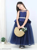 Navy blue sleeveless net gown dress for kid girls, embellished toy balloon design, 1-12 years