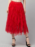 Solid net Fruba flared long frill skirt with Shantoon lining, three frill pattern, calf length, regular fit. [Net] [Skirt] [frilled] India